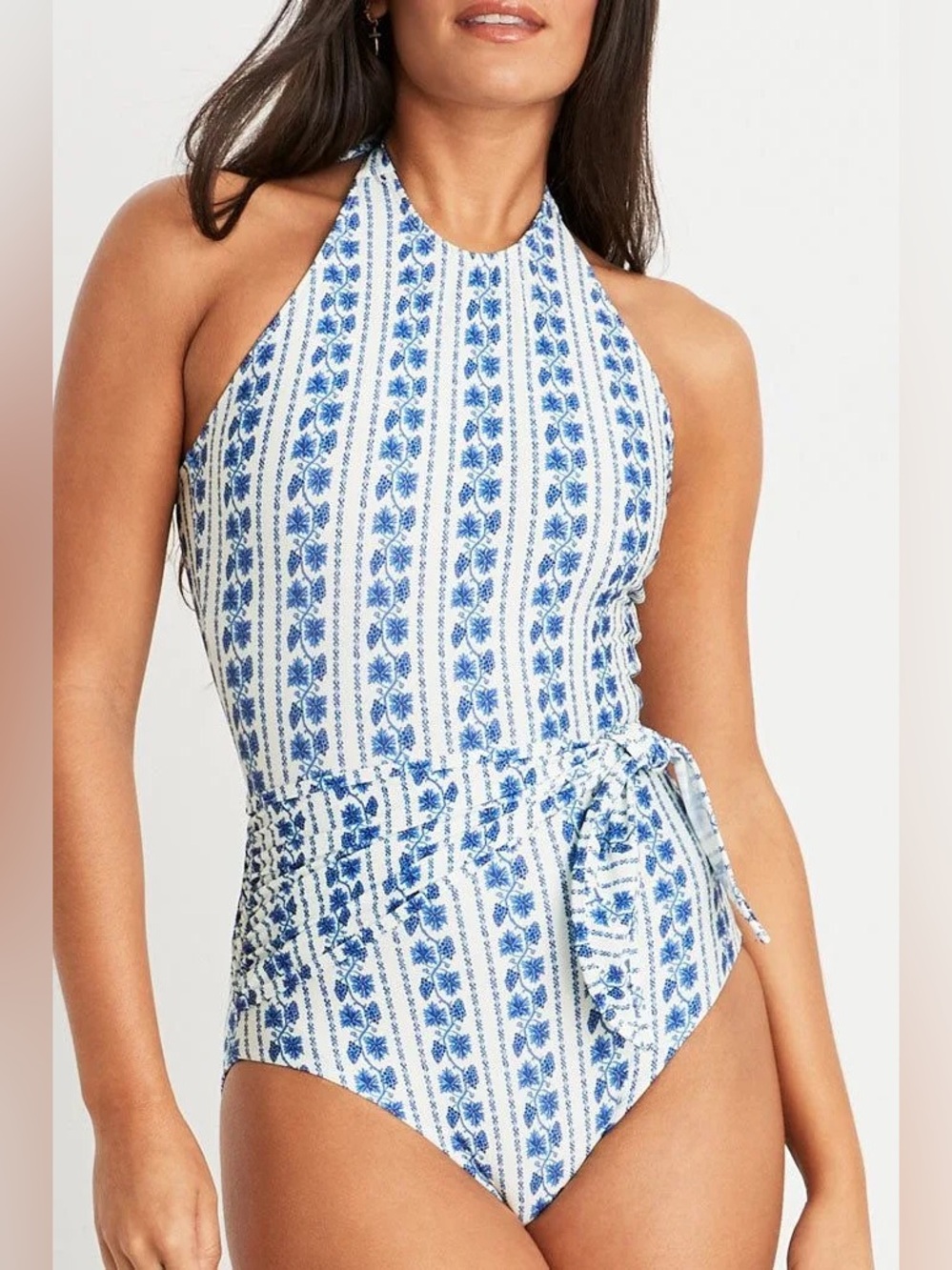 Hermoza Blue & White Floral Stripe Halter One-Piece Swimsuit Size 10